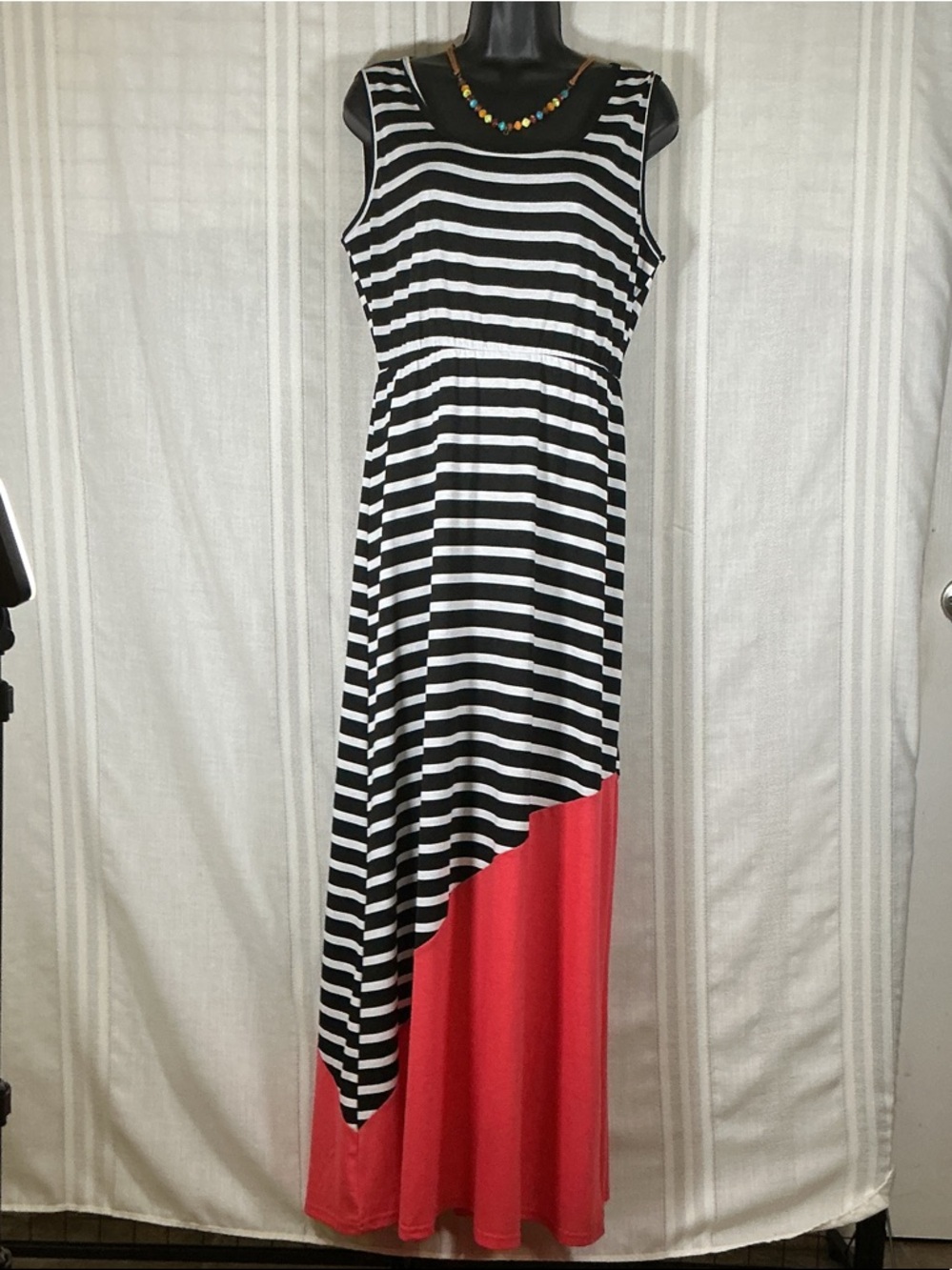 Black White Striped Asymmetrical Maxi Dress with Coral Colorblock Hem XL